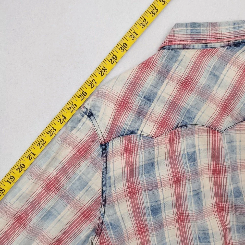 True Religion Shirt Men Large Red White Blue Plaid Western Pearl Snap Y2K Cowboy